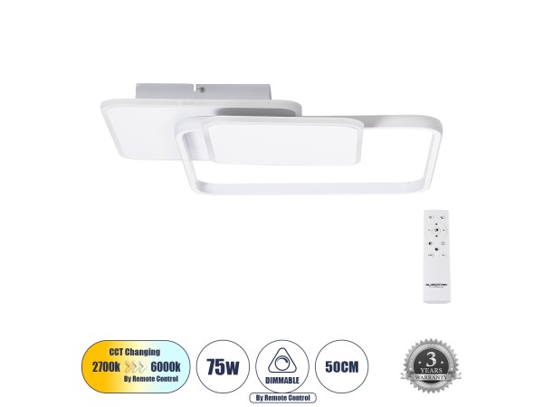 GLOBOSTAR® SQUARO 61232 Μοντέρνο Φωτιστικό Οροφής LED 75W 8400lm 360° AC 220-240V IP20 Ρυθμιζόμενο Λευκό CCT με Χειριστήριο από 2700K έως 6000K Dimmable - Lumileds SMD Chip - Λευκό Ματ - Μ48.5 x Π51 x Υ9cm - 3 Χρόνια Εγγύηση
