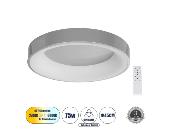 GLOBOSTAR® SALEM 61234 Μοντέρνο Φωτιστικό Οροφής LED 75W 8625lm 120° AC 220-240V IP20 Ρυθμιζόμενο Λευκό CCT με Χειριστήριο από 2700K έως 6000K Dimmable - Lumileds SMD Chip - Γκρι - Μ45 x Π45 x Υ9.5cm - 3 Χρόνια Εγγύηση