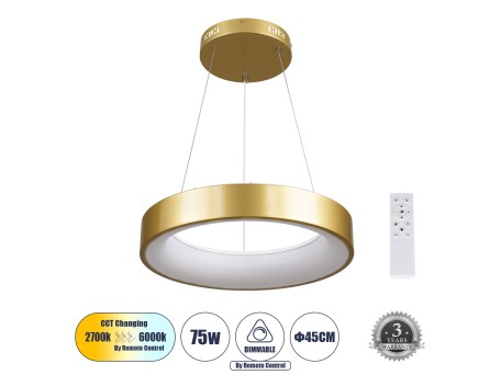 GLOBOSTAR® SALEM 61243 Μοντέρνο Κρεμαστό Φωτιστικό Οροφής LED 75W 8625lm 120° AC 220-240V IP20 Ρυθμιζόμενο Λευκό CCT με Χειριστήριο από 2700K έως 6000K Dimmable - Lumileds SMD Chip - Χρυσό - Μ45 x Π45 x Υ6cm - 3 Χρόνια Εγγύηση