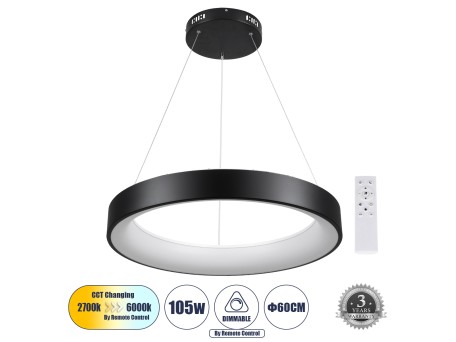 GLOBOSTAR® SALEM 61245 Μοντέρνο Κρεμαστό Φωτιστικό Οροφής LED 105W 12075lm 120° AC 220-240V IP20 Ρυθμιζόμενο Λευκό CCT με Χειριστήριο από 2700K έως 6000K Dimmable - Lumileds SMD Chip - Μαύρο Ματ - Μ60 x Π60 x Υ6cm - 3 Χρόνια Εγγύηση