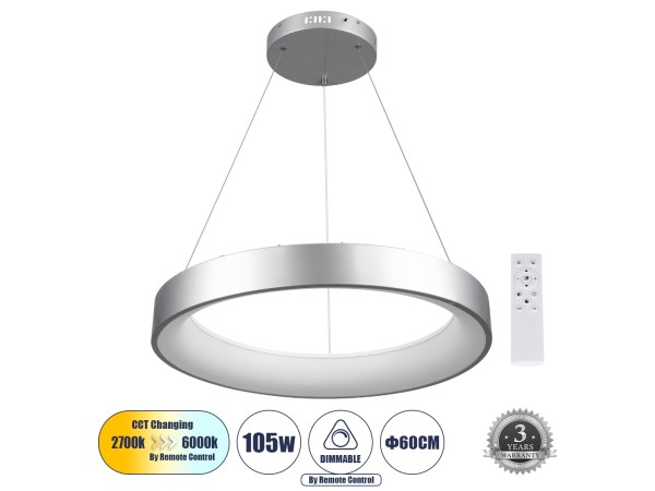 GLOBOSTAR® SALEM 61246 Μοντέρνο Κρεμαστό Φωτιστικό Οροφής LED 105W 12075lm 120° AC 220-240V IP20 Ρυθμιζόμενο Λευκό CCT με Χειριστήριο από 2700K έως 6000K Dimmable - Lumileds SMD Chip - Γκρι - Μ60 x Π60 x Υ6cm - 3 Χρόνια Εγγύηση