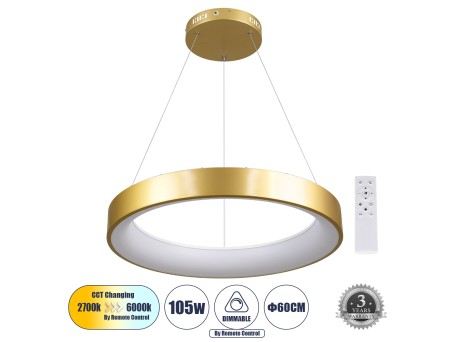 GLOBOSTAR® SALEM 61247 Μοντέρνο Κρεμαστό Φωτιστικό Οροφής LED 105W 12075lm 120° AC 220-240V IP20 Ρυθμιζόμενο Λευκό CCT με Χειριστήριο από 2700K έως 6000K Dimmable - Lumileds SMD Chip - Χρυσό - Μ60 x Π60 x Υ6cm - 3 Χρόνια Εγγύηση
