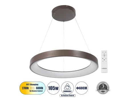 GLOBOSTAR® SALEM 61248 Μοντέρνο Κρεμαστό Φωτιστικό Οροφής LED 105W 12075lm 120° AC 220-240V IP20 Ρυθμιζόμενο Λευκό CCT με Χειριστήριο από 2700K έως 6000K Dimmable - Lumileds SMD Chip - Καφέ Ματ - Μ60 x Π60 x Υ6cm - 3 Χρόνια Εγγύηση