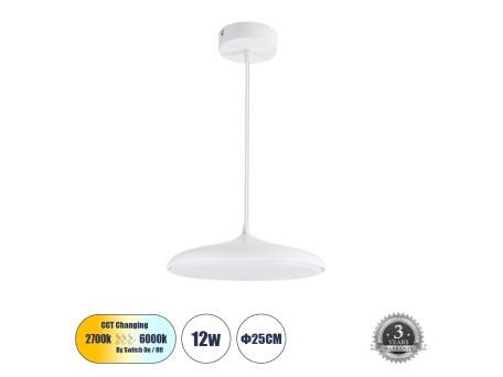 GLOBOSTAR® BARON 61252 Μοντέρνο Κρεμαστό Φωτιστικό Οροφής LED 12W 1440lm 120° AC 220-240V IP20 Ρυθμιζόμενο Λευκό CCT με On/Off 2700K/4500K/6000K - Lumileds SMD Chip - Λευκό Ματ - Μ25 x Π25 x Υ8cm - 3 Χρόνια Εγγύηση