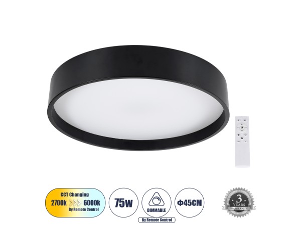 GLOBOSTAR® NARNIA 61257 Μοντέρνο Φωτιστικό Οροφής LED 75W 8625lm 120° AC 220-240V IP20 Ρυθμιζόμενο Λευκό CCT με Χειριστήριο από 2700K έως 6000K Dimmable - Lumileds SMD Chip - Μαύρο Ματ - Μ45 x Π45 x Υ8cm - 3 Χρόνια Εγγύηση