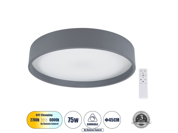 GLOBOSTAR® NARNIA 61258 Μοντέρνο Φωτιστικό Οροφής LED 75W 8625lm 120° AC 220-240V IP20 Ρυθμιζόμενο Λευκό CCT με Χειριστήριο από 2700K έως 6000K Dimmable - Lumileds SMD Chip - Γκρι Ανθρακί Ματ - Μ45 x Π45 x Υ8cm - 3 Χρόνια Εγγύηση