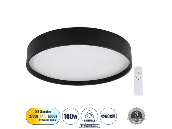 GLOBOSTAR® NARNIA 61259 Μοντέρνο Φωτιστικό Οροφής LED 100W 11500lm 120° AC 220-240V IP20 Ρυθμιζόμενο Λευκό CCT με Χειριστήριο από 2700K έως 6000K Dimmable - Lumileds SMD Chip - Μαύρο Ματ - Μ60 x Π60 x Υ10cm - 3 Χρόνια Εγγύηση