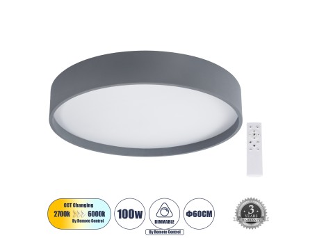 GLOBOSTAR® NARNIA 61260 Μοντέρνο Φωτιστικό Οροφής LED 100W 11500lm 120° AC 220-240V IP20 Ρυθμιζόμενο Λευκό CCT με Χειριστήριο από 2700K έως 6000K Dimmable - Lumileds SMD Chip - Γκρι Ματ - Μ60 x Π60 x Υ10cm - 3 Χρόνια Εγγύηση