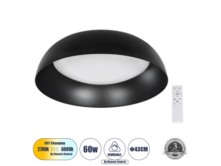 GLOBOSTAR® ANATOLIA 61261 Μοντέρνο Φωτιστικό Οροφής LED 60W 6900lm 120° AC 220-240V IP20 Ρυθμιζόμενο Λευκό CCT με Χειριστήριο από 2700K έως 6000K Dimmable - Lumileds SMD Chip - Μαύρο Ματ - Μ43 x Π43 x Υ11cm - 3 Χρόνια Εγγύηση