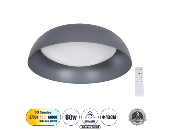 GLOBOSTAR® ANATOLIA 61262 Μοντέρνο Φωτιστικό Οροφής LED 60W 6900lm 120° AC 220-240V IP20 Ρυθμιζόμενο Λευκό CCT με Χειριστήριο από 2700K έως 6000K Dimmable - Lumileds SMD Chip - Γκρι - Μ43 x Π43 x Υ11cm - 3 Χρόνια Εγγύηση