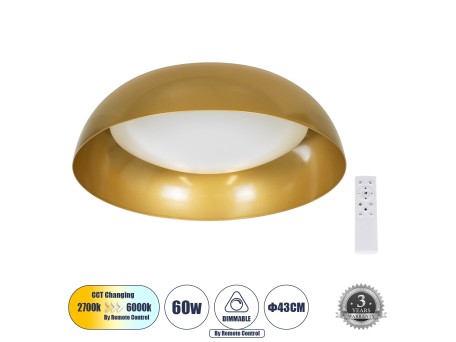 GLOBOSTAR® ANATOLIA 61263 Μοντέρνο Φωτιστικό Οροφής LED 60W 6900lm 120° AC 220-240V IP20 Ρυθμιζόμενο Λευκό CCT με Χειριστήριο από 2700K έως 6000K Dimmable - Lumileds SMD Chip - Χρυσό - Μ43 x Π43 x Υ11cm - 3 Χρόνια Εγγύηση