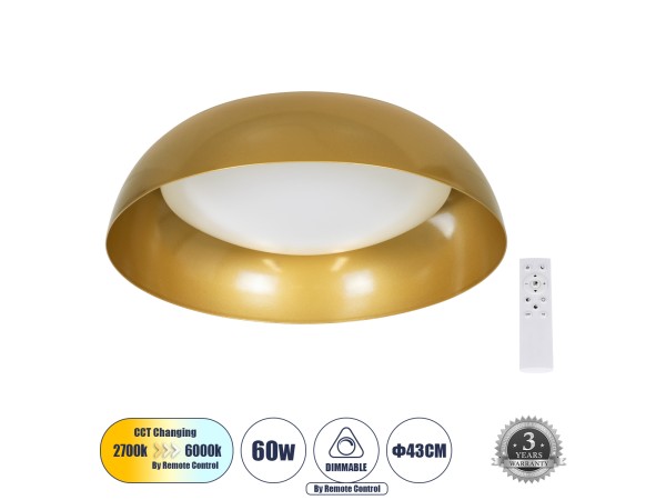 GLOBOSTAR® ANATOLIA 61263 Μοντέρνο Φωτιστικό Οροφής LED 60W 6900lm 120° AC 220-240V IP20 Ρυθμιζόμενο Λευκό CCT με Χειριστήριο από 2700K έως 6000K Dimmable - Lumileds SMD Chip - Χρυσό - Μ43 x Π43 x Υ11cm - 3 Χρόνια Εγγύηση