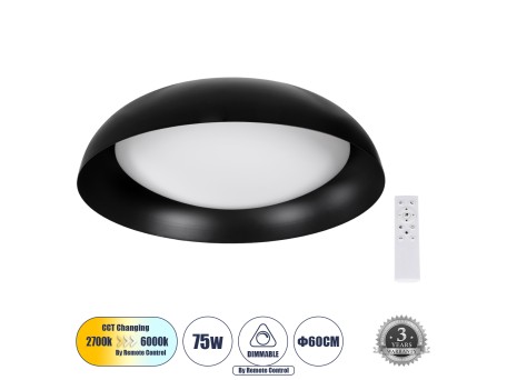 GLOBOSTAR® ANATOLIA 61264 Μοντέρνο Φωτιστικό Οροφής LED 75W 8625lm 120° AC 220-240V IP20 Ρυθμιζόμενο Λευκό CCT με Χειριστήριο από 2700K έως 6000K Dimmable - Lumileds SMD Chip - Μαύρο Ματ - Μ60 x Π60 x Υ13cm - 3 Χρόνια Εγγύηση