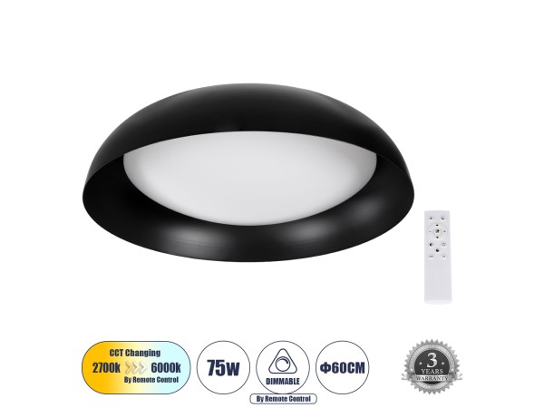 GLOBOSTAR® ANATOLIA 61264 Μοντέρνο Φωτιστικό Οροφής LED 75W 8625lm 120° AC 220-240V IP20 Ρυθμιζόμενο Λευκό CCT με Χειριστήριο από 2700K έως 6000K Dimmable - Lumileds SMD Chip - Μαύρο Ματ - Μ60 x Π60 x Υ13cm - 3 Χρόνια Εγγύηση