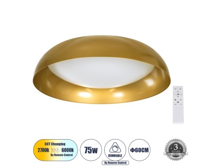 GLOBOSTAR® ANATOLIA 61266 Μοντέρνο Φωτιστικό Οροφής LED 75W 8625lm 120° AC 220-240V IP20 Ρυθμιζόμενο Λευκό CCT με Χειριστήριο από 2700K έως 6000K Dimmable - Lumileds SMD Chip - Χρυσό - Μ60 x Π60 x Υ13cm - 3 Χρόνια Εγγύηση