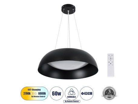 GLOBOSTAR® ANATOLIA 61267 Μοντέρνο Κρεμαστό Φωτιστικό Οροφής LED 60W 6900lm 120° AC 220-240V IP20 Ρυθμιζόμενο Λευκό CCT με Χειριστήριο από 2700K έως 6000K Dimmable - Lumileds SMD Chip - Μαύρο Ματ - Μ43 x Π43 x Υ11cm - 3 Χρόνια Εγγύηση