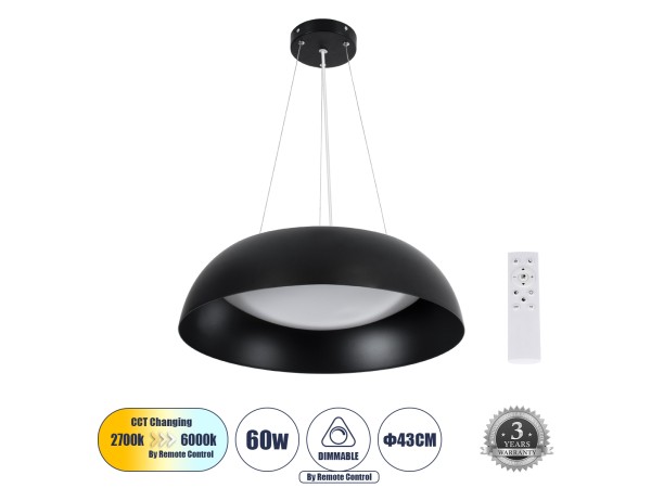 GLOBOSTAR® ANATOLIA 61267 Μοντέρνο Κρεμαστό Φωτιστικό Οροφής LED 60W 6900lm 120° AC 220-240V IP20 Ρυθμιζόμενο Λευκό CCT με Χειριστήριο από 2700K έως 6000K Dimmable - Lumileds SMD Chip - Μαύρο Ματ - Μ43 x Π43 x Υ11cm - 3 Χρόνια Εγγύηση