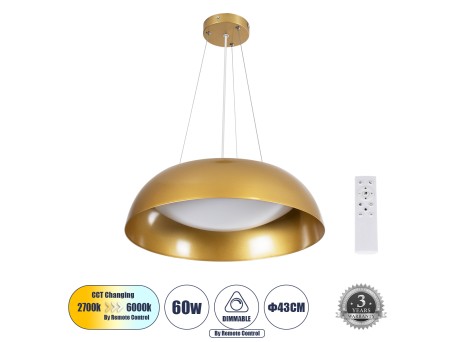 GLOBOSTAR® ANATOLIA 61268 Μοντέρνο Κρεμαστό Φωτιστικό Οροφής LED 60W 6900lm 120° AC 220-240V IP20 Ρυθμιζόμενο Λευκό CCT με Χειριστήριο από 2700K έως 6000K Dimmable - Lumileds SMD Chip - Χρυσό - Μ43 x Π43 x Υ11cm - 3 Χρόνια Εγγύηση