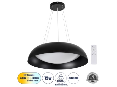 GLOBOSTAR® ANATOLIA 61269 Μοντέρνο Κρεμαστό Φωτιστικό Οροφής LED 75W 8625lm 120° AC 220-240V IP20 Ρυθμιζόμενο Λευκό CCT με Χειριστήριο από 2700K έως 6000K Dimmable - Lumileds SMD Chip - Μαύρο Ματ - Μ60 x Π60 x Υ12.5cm - 3 Χρόνια Εγγύηση
