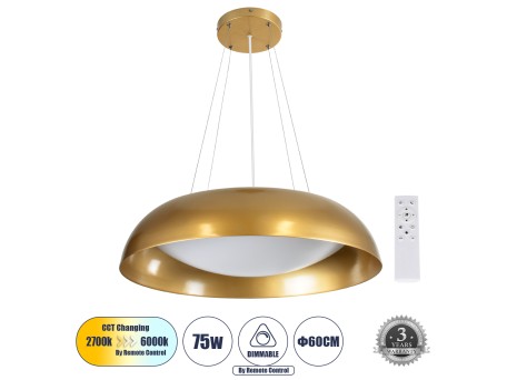 GLOBOSTAR® ANATOLIA 61270 Μοντέρνο Κρεμαστό Φωτιστικό Οροφής LED 75W 8625lm 120° AC 220-240V IP20 Ρυθμιζόμενο Λευκό CCT με Χειριστήριο από 2700K έως 6000K Dimmable - Lumileds SMD Chip - Χρυσό - Μ60 x Π60 x Υ12.5cm - 3 Χρόνια Εγγύηση