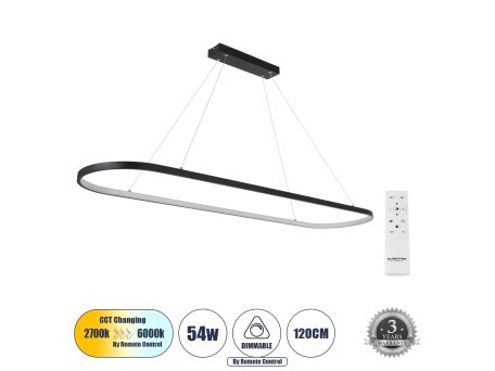 GLOBOSTAR® BOLIVAR 61271 Μοντέρνο Κρεμαστό Φωτιστικό Οροφής LED 54W 6210lm 360° AC 220-240V IP20 Ρυθμιζόμενο Λευκό CCT με Χειριστήριο από 2700K έως 6000K Dimmable - Lumileds SMD Chip - Μαύρο Ματ - Μ120 x Π30 x Υ2cm - 3 Χρόνια Εγγύηση