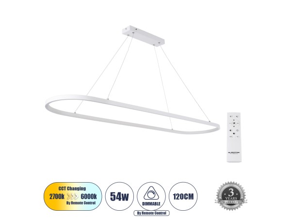 GLOBOSTAR® BOLIVAR 61272 Μοντέρνο Κρεμαστό Φωτιστικό Οροφής LED 54W 6210lm 360° AC 220-240V IP20 Ρυθμιζόμενο Λευκό CCT με Χειριστήριο από 2700K έως 6000K Dimmable - Lumileds SMD Chip - Λευκό Ματ - Μ120 x Π30 x Υ2cm - 3 Χρόνια Εγγύηση