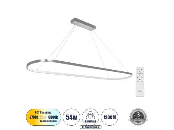 GLOBOSTAR® BOLIVAR 61273 Μοντέρνο Κρεμαστό Φωτιστικό Οροφής LED 54W 6210lm 360° AC 220-240V IP20 Ρυθμιζόμενο Λευκό CCT με Χειριστήριο από 2700K έως 6000K Dimmable - Lumileds SMD Chip - Νίκελ Βούρτσας - Μ120 x Π30 x Υ2cm - 3 Χρόνια Εγγύηση