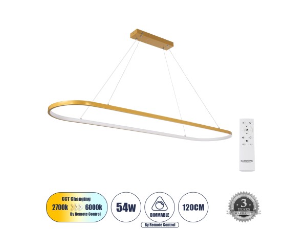 GLOBOSTAR® BOLIVAR 61274 Μοντέρνο Κρεμαστό Φωτιστικό Οροφής LED 54W 6210lm 360° AC 220-240V IP20 Ρυθμιζόμενο Λευκό CCT με Χειριστήριο από 2700K έως 6000K Dimmable - Lumileds SMD Chip - Χρυσό Βούρτσας - Μ120 x Π30 x Υ2cm - 3 Χρόνια Εγγύηση GLOBOSTAR® BOLIVAR 61274 Μοντέρνο Κρεμαστό Φωτιστικό Οροφής LED 54W 6210lm 360° AC 220-240V IP20 Ρυθμιζόμενο Λευκό CCT με Χειριστήριο από 2700K έως 6000K Dimmable - Lumileds SMD Chip - Χρυσό Βούρτσας - Μ120 x Π30 x Υ2cm - 3 Χρόνια Εγγύηση