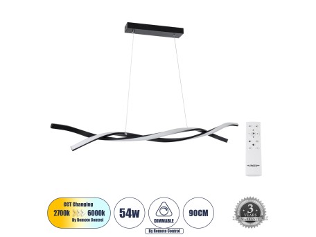 GLOBOSTAR® MORALES 61275 Μοντέρνο Κρεμαστό Φωτιστικό Οροφής LED 54W 6048lm 300° AC 220-240V IP20 Ρυθμιζόμενο Λευκό CCT με Χειριστήριο από 2700K έως 6000K Dimmable - Lumileds SMD Chip - Μαύρο Ματ - Μ90 x Π14 x Υ14cm - 3 Χρόνια Εγγύηση