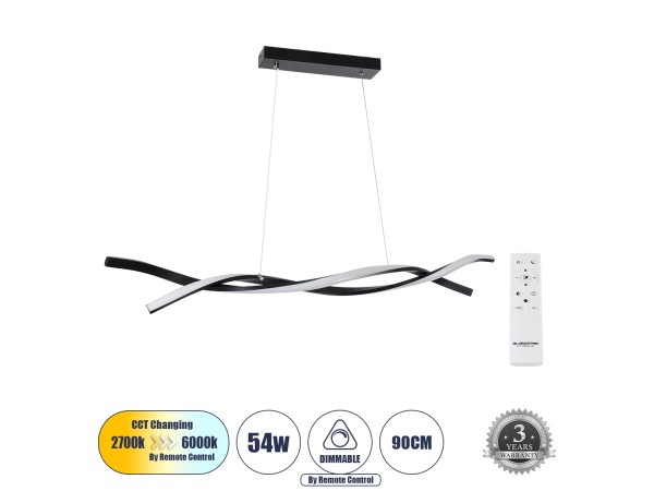 GLOBOSTAR® MORALES 61275 Μοντέρνο Κρεμαστό Φωτιστικό Οροφής LED 54W 6048lm 300° AC 220-240V IP20 Ρυθμιζόμενο Λευκό CCT με Χειριστήριο από 2700K έως 6000K Dimmable - Lumileds SMD Chip - Μαύρο Ματ - Μ90 x Π14 x Υ14cm - 3 Χρόνια Εγγύηση