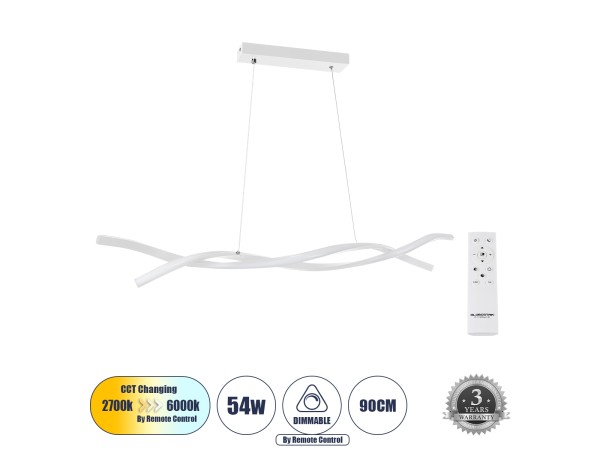 GLOBOSTAR® MORALES 61276 Μοντέρνο Κρεμαστό Φωτιστικό Οροφής LED 54W 6048lm 300° AC 220-240V IP20 Ρυθμιζόμενο Λευκό CCT με Χειριστήριο από 2700K έως 6000K Dimmable - Lumileds SMD Chip - Λευκό Ματ - Μ90 x Π14 x Υ14cm - 3 Χρόνια Εγγύηση