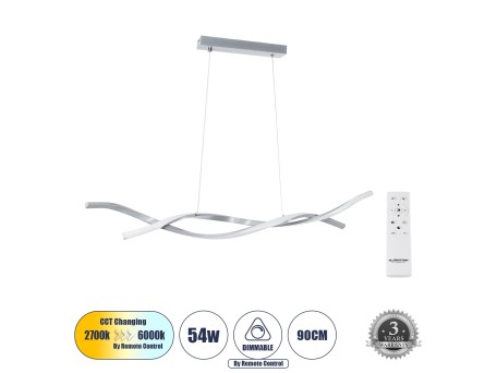 GLOBOSTAR® MORALES 61277 Μοντέρνο Κρεμαστό Φωτιστικό Οροφής LED 54W 5400lm 300° AC 220-240V IP20 Ρυθμιζόμενο Λευκό CCT με Χειριστήριο από 2700K έως 6000K Dimmable - Lumileds SMD Chip - Νίκελ Βούρτσας - Μ90 x Π14 x Υ14cm - 3 Χρόνια Εγγύηση