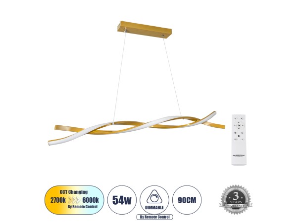 GLOBOSTAR® MORALES 61278 Μοντέρνο Κρεμαστό Φωτιστικό Οροφής LED 54W 6048lm 300° AC 220-240V IP20 Ρυθμιζόμενο Λευκό CCT με Χειριστήριο από 2700K έως 6000K Dimmable - Lumileds SMD Chip - Χρυσό Βούρτσας - Μ90 x Π14 x Υ14cm - 3 Χρόνια Εγγύηση