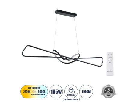 GLOBOSTAR® DOLORES 61279 Μοντέρνο Κρεμαστό Φωτιστικό Οροφής LED 105W 11760lm 300° AC 220-240V IP20 Ρυθμιζόμενο Λευκό CCT με Χειριστήριο από 2700K έως 6000K Dimmable - Lumileds SMD Chip - Μαύρο Ματ - Μ110 x Π17 x Υ17.5cm - 3 Χρόνια Εγγύηση