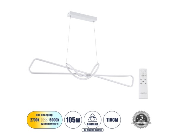 GLOBOSTAR® DOLORES 61280 Μοντέρνο Κρεμαστό Φωτιστικό Οροφής LED 105W 11760lm 300° AC 220-240V IP20 Ρυθμιζόμενο Λευκό CCT με Χειριστήριο από 2700K έως 6000K Dimmable - Lumileds SMD Chip - Λευκό Ματ - Μ110 x Π17 x Υ17.5cm - 3 Χρόνια Εγγύηση