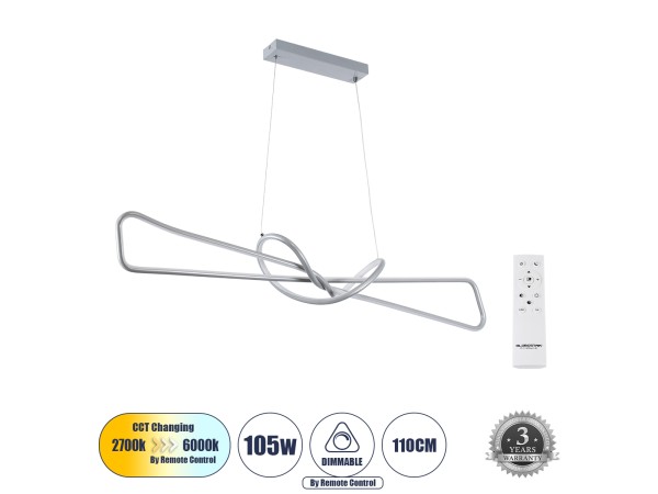 GLOBOSTAR® DOLORES 61281 Μοντέρνο Κρεμαστό Φωτιστικό Οροφής LED 105W 11760lm 300° AC 220-240V IP20 Ρυθμιζόμενο Λευκό CCT με Χειριστήριο από 2700K έως 6000K Dimmable - Lumileds SMD Chip - Νίκελ Βούρτσας - Μ110 x Π17 x Υ17.5cm - 3 Χρόνια Εγγύηση