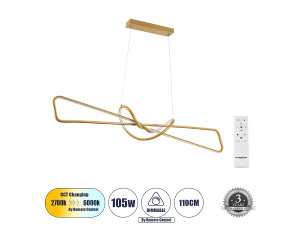 GLOBOSTAR® DOLORES 61282 Μοντέρνο Κρεμαστό Φωτιστικό Οροφής LED 105W 11760lm 300° AC 220-240V IP20 Ρυθμιζόμενο Λευκό CCT με Χειριστήριο από 2700K έως 6000K Dimmable - Lumileds SMD Chip - Χρυσό Βούρτσας - Μ110 x Π17 x Υ17.5cm - 3 Χρόνια Εγγύηση GLOBOSTAR® DOLORES 61282 Μοντέρνο Κρεμαστό Φωτιστικό Οροφής LED 105W 11760lm 300° AC 220-240V IP20 Ρυθμιζόμενο Λευκό CCT με Χειριστήριο από 2700K έως 6000K Dimmable - Lumileds SMD Chip - Χρυσό Βούρτσας - Μ110 x Π17 x Υ17.5cm - 3 Χρόνια Εγγύηση