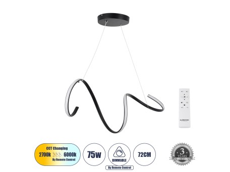 GLOBOSTAR® SPIRALE 61283 Μοντέρνο Κρεμαστό Φωτιστικό Οροφής LED 75W 8400lm 300° AC 220-240V IP20 Ρυθμιζόμενο Λευκό CCT με Χειριστήριο από 2700K έως 6000K Dimmable - Lumileds SMD Chip - Μαύρο Ματ - Μ72 x Π25 x Υ30cm - 3 Χρόνια Εγγύηση