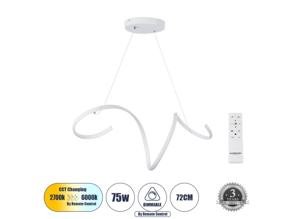 GLOBOSTAR® SPIRALE 61284 Μοντέρνο Κρεμαστό Φωτιστικό Οροφής LED 75W 8400lm 300° AC 220-240V IP20 Ρυθμιζόμενο Λευκό CCT με Χειριστήριο από 2700K έως 6000K Dimmable - Lumileds SMD Chip - Λευκό Ματ - Μ72 x Π25 x Υ30cm - 3 Χρόνια Εγγύηση