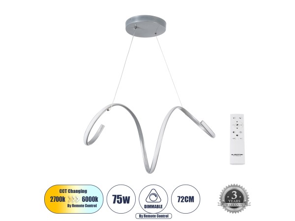 GLOBOSTAR® SPIRALE 61285 Μοντέρνο Κρεμαστό Φωτιστικό Οροφής LED 75W 8400lm 300° AC 220-240V IP20 Ρυθμιζόμενο Λευκό CCT με Χειριστήριο από 2700K έως 6000K Dimmable - Lumileds SMD Chip - Νίκελ Βούρτσας - Μ72 x Π25 x Υ30cm - 3 Χρόνια Εγγύηση