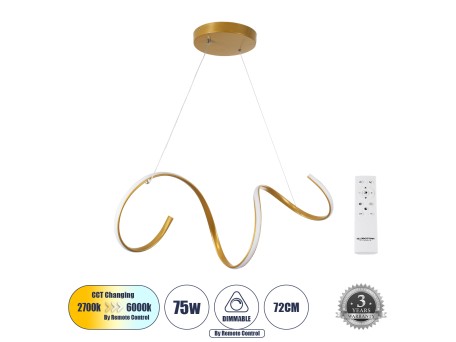 GLOBOSTAR® SPIRALE 61286 Μοντέρνο Κρεμαστό Φωτιστικό Οροφής LED 75W 8400lm 300° AC 220-240V IP20 Ρυθμιζόμενο Λευκό CCT με Χειριστήριο από 2700K έως 6000K Dimmable - Lumileds SMD Chip - Χρυσό Βούρτσας - Μ72 x Π25 x Υ30cm - 3 Χρόνια Εγγύηση