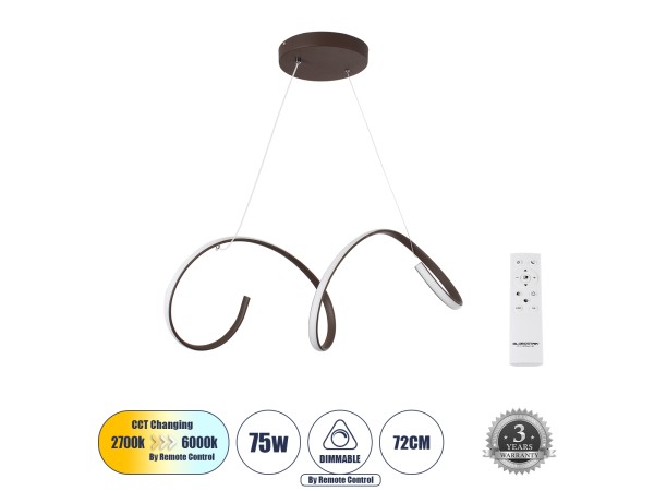 GLOBOSTAR® SPIRALE 61287 Μοντέρνο Κρεμαστό Φωτιστικό Οροφής LED 75W 8400lm 300° AC 220-240V IP20 Ρυθμιζόμενο Λευκό CCT με Χειριστήριο από 2700K έως 6000K Dimmable - Lumileds SMD Chip - Καφέ Ματ - Μ72 x Π25 x Υ30cm - 3 Χρόνια Εγγύηση