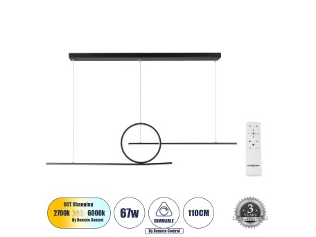 GLOBOSTAR® TEREZA 61288 Μοντέρνο Κρεμαστό Φωτιστικό Οροφής LED 67W 7504lm 300° AC 220-240V IP20 Ρυθμιζόμενο Λευκό CCT με Χειριστήριο από 2700K έως 6000K Dimmable - Lumileds SMD Chip - Μαύρο Ματ - Μ110 x Π4.5 x Υ34cm - 3 Χρόνια Εγγύηση