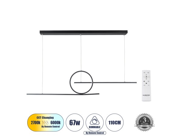 GLOBOSTAR® TEREZA 61288 Μοντέρνο Κρεμαστό Φωτιστικό Οροφής LED 67W 7504lm 300° AC 220-240V IP20 Ρυθμιζόμενο Λευκό CCT με Χειριστήριο από 2700K έως 6000K Dimmable - Lumileds SMD Chip - Μαύρο Ματ - Μ110 x Π4.5 x Υ34cm - 3 Χρόνια Εγγύηση