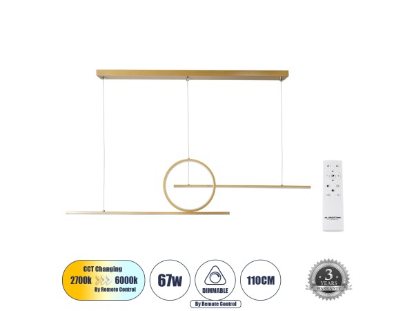 GLOBOSTAR® TEREZA 61289 Μοντέρνο Κρεμαστό Φωτιστικό Οροφής LED 67W 7504lm 300° AC 220-240V IP20 Ρυθμιζόμενο Λευκό CCT με Χειριστήριο από 2700K έως 6000K Dimmable - Lumileds SMD Chip - Χρυσό Βούρτσας - Μ110 x Π4.5 x Υ34cm - 3 Χρόνια Εγγύηση