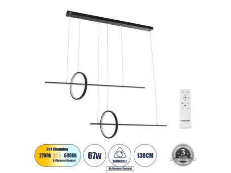 GLOBOSTAR® LINEARE 61290 Μοντέρνο Κρεμαστό Φωτιστικό Οροφής LED 67W 7504lm 300° AC 220-240V IP20 Ρυθμιζόμενο Λευκό CCT με Χειριστήριο από 2700K έως 6000K Dimmable - Lumileds SMD Chip - Μαύρο Ματ - Μ130 x Π25 x Υ60cm - 3 Χρόνια Εγγύηση