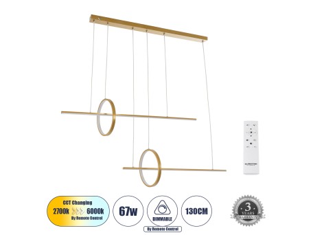 GLOBOSTAR® LINEARE 61291 Μοντέρνο Κρεμαστό Φωτιστικό Οροφής LED 67W 7504lm 300° AC 220-240V IP20 Ρυθμιζόμενο Λευκό CCT με Χειριστήριο από 2700K έως 6000K Dimmable - Lumileds SMD Chip - Χρυσό Βούρτσας - Μ130 x Π25 x Υ60cm - 3 Χρόνια Εγγύηση