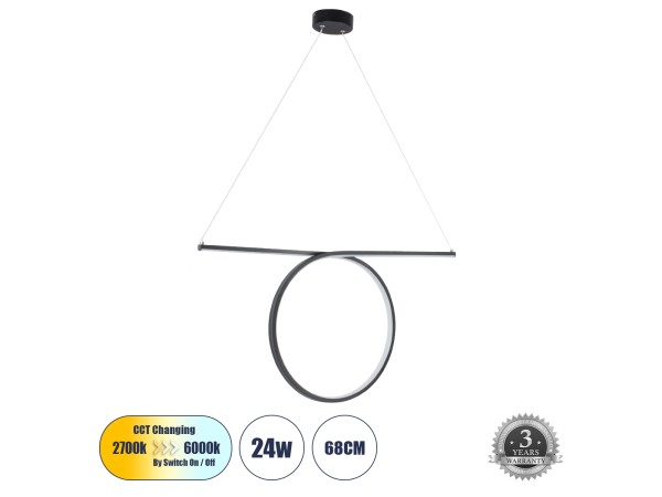 GLOBOSTAR® ROME 61294 Μοντέρνο Κρεμαστό Φωτιστικό Οροφής LED 24W 2640lm 200° AC 220-240V IP20 Ρυθμιζόμενο Λευκό CCT με On/Off 2700K/4500K/6000K - Lumileds SMD Chip - Μαύρο Ματ - Μ65.5 x Π4 x Υ33cm - 3 Χρόνια Εγγύηση