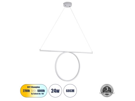 GLOBOSTAR® ROME 61295 Μοντέρνο Κρεμαστό Φωτιστικό Οροφής LED 24W 2640lm 200° AC 220-240V IP20 Ρυθμιζόμενο Λευκό CCT με On/Off 2700K/4500K/6000K - Lumileds SMD Chip - Λευκό Ματ - Μ65.5 x Π4 x Υ33cm - 3 Χρόνια Εγγύηση