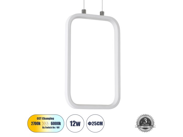 GLOBOSTAR® DEROBA 61299 Μοντέρνο Κρεμαστό Φωτιστικό Οροφής LED 12W 1320lm 360° AC 220-240V IP20 Ρυθμιζόμενο Λευκό CCT με On/Off 2700K/4500K/6000K - Lumileds SMD Chip - Λευκό Ματ - Μ16 x Π1.6 x Υ25.5cm - 3 Χρόνια Εγγύηση